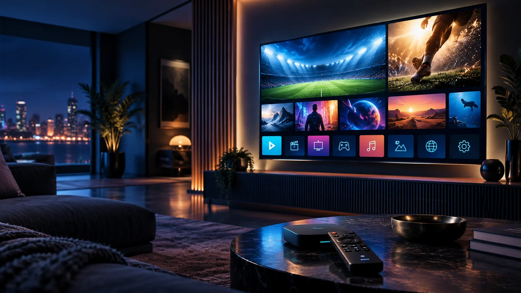 Modern living room with a large television and media interface. Relevant Crystal IPTV guide illustration