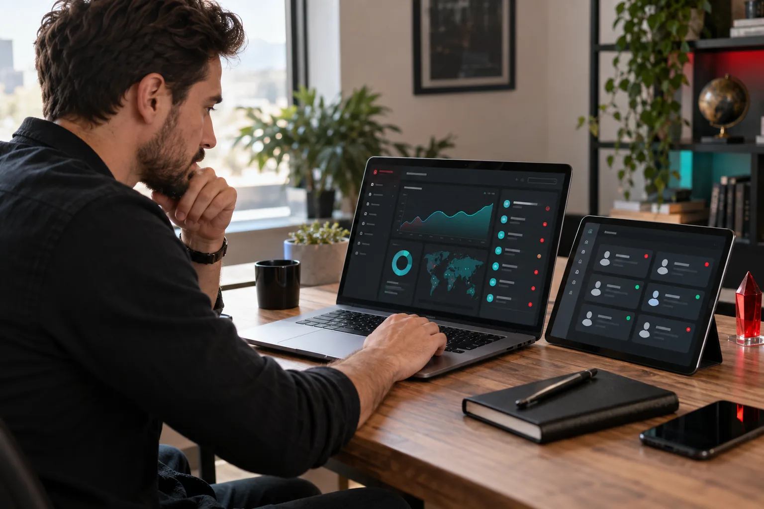 Business operator reviewing a generic subscription dashboard on laptop and tablet