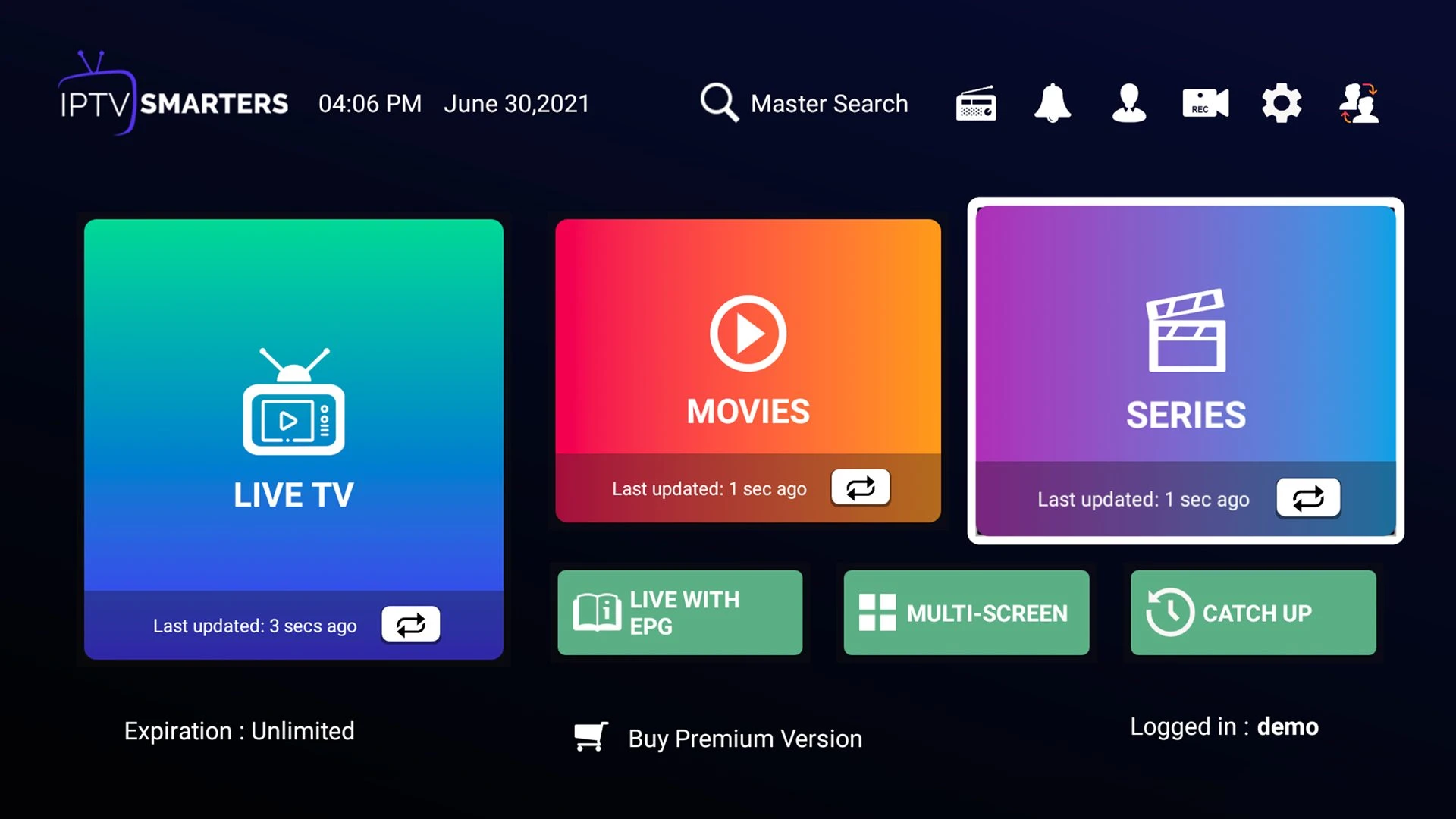 IPTV player dashboard showing category tiles