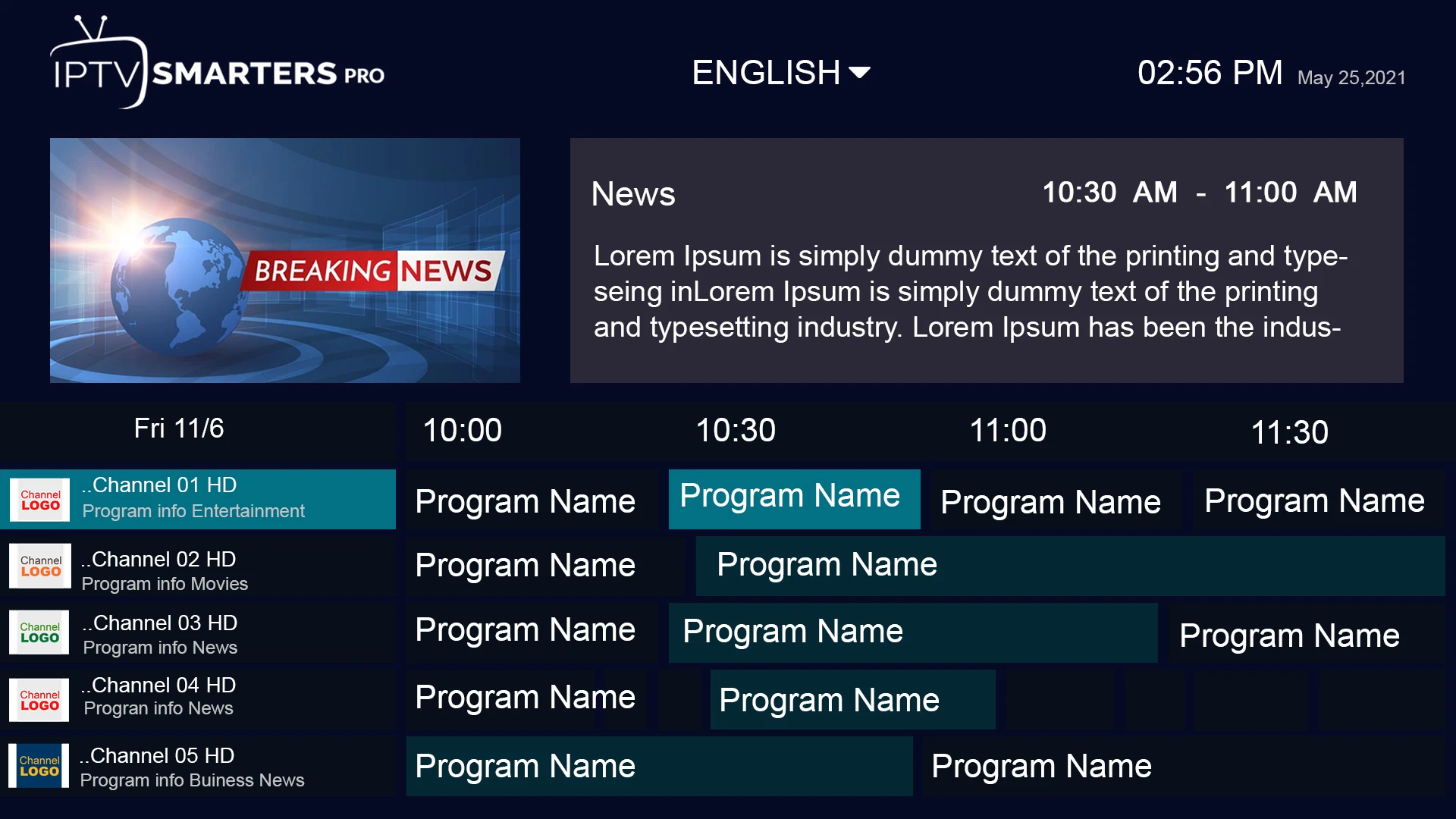 Electronic programme guide example on a television player