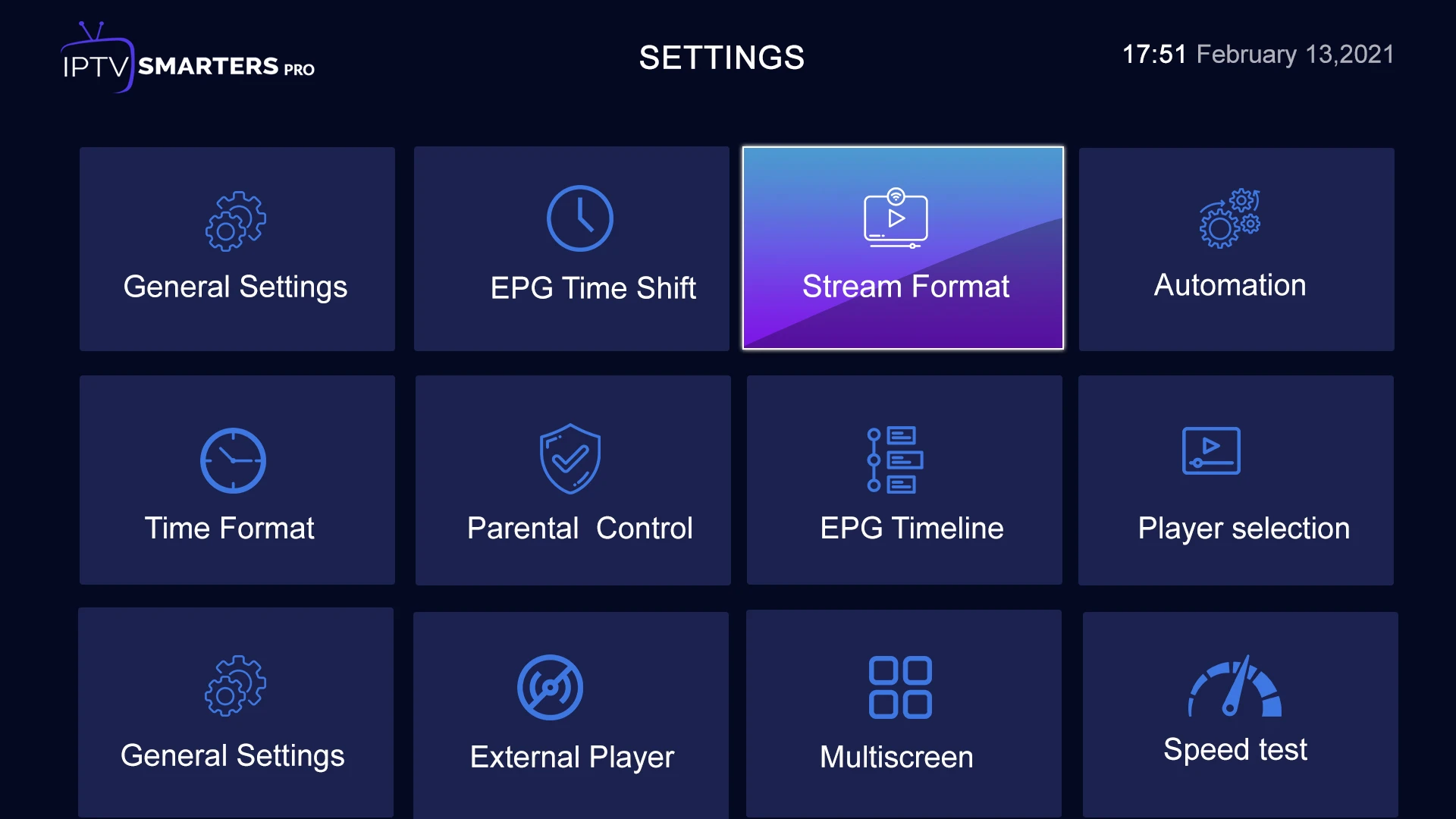 Player settings interface with EPG options